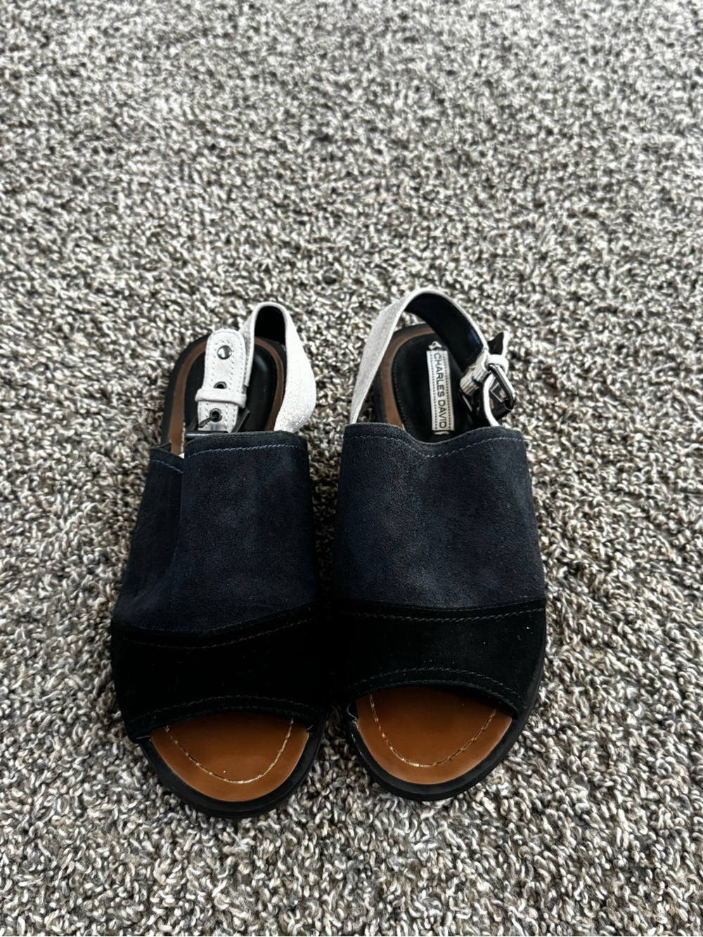 Charles David Black Suede Open-Toe Slingback Mules with Silver Strap